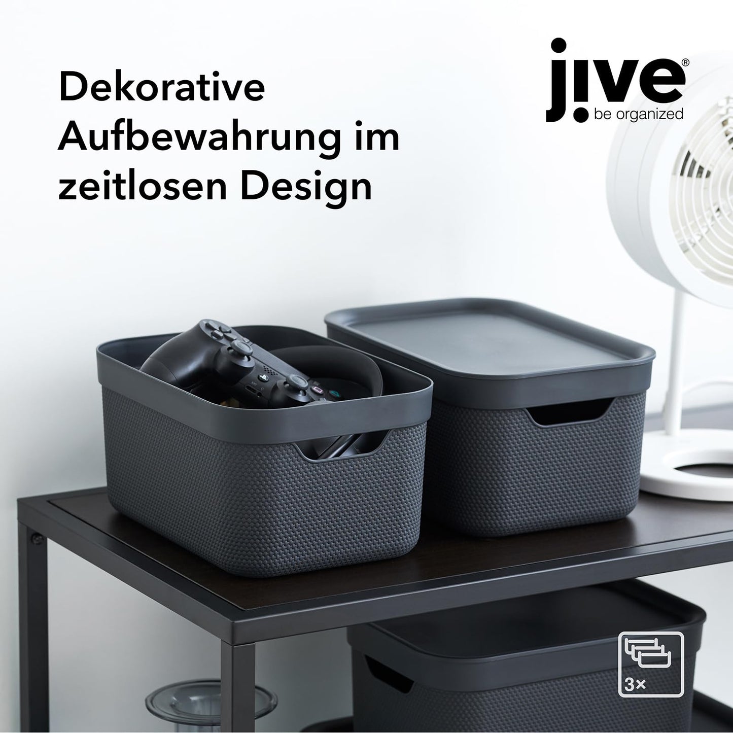 Jive 3er Set Aufbewahrungsbox mit Deckel klein 5 l, Kunststoff (PP recycelt), mit Flechtmuster, dunkelgrau, 3x5l (26,5 x 18,5 x 13,5 cm)