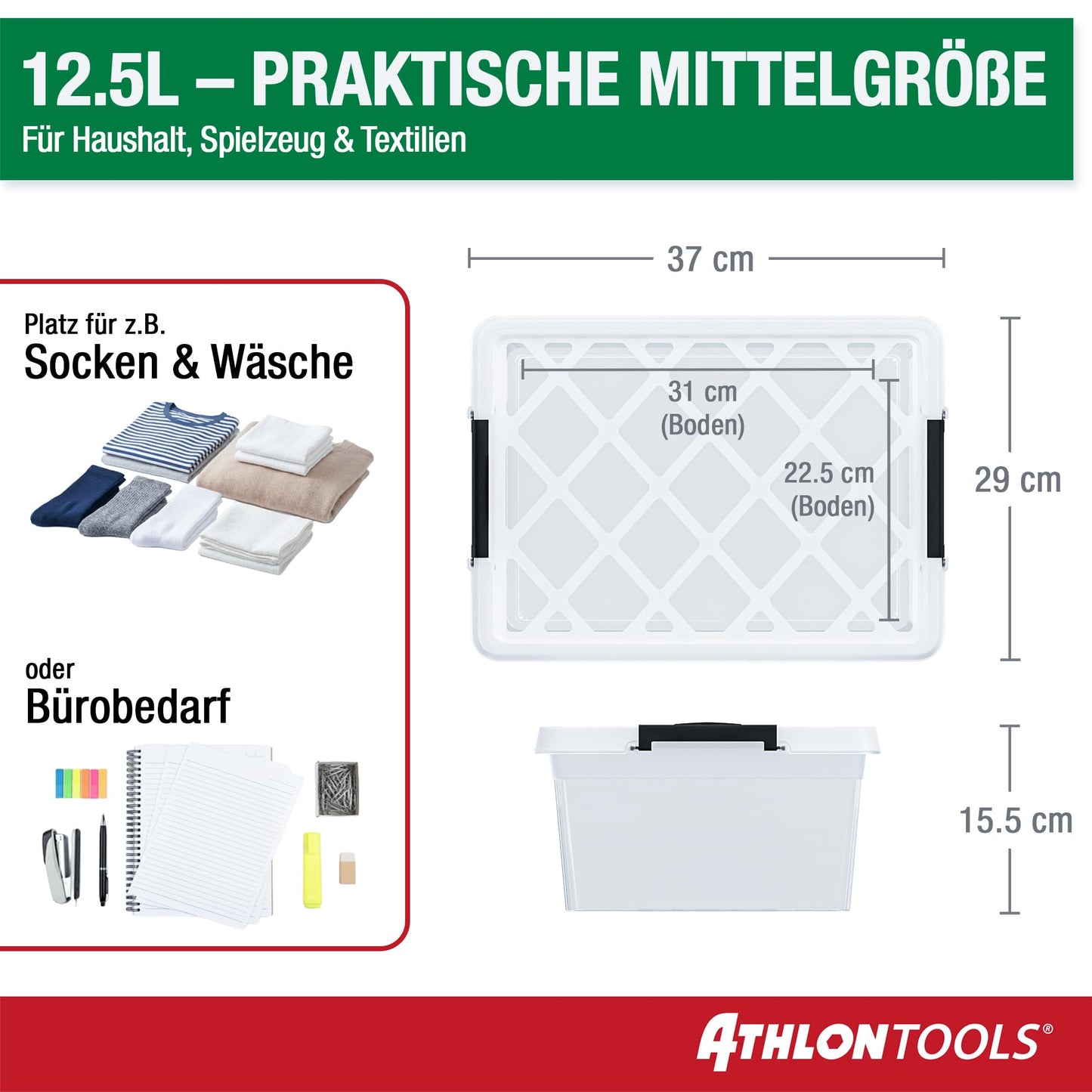 ATHLON TOOLS 4x 12.5 L Aufbewahrungsboxen mit Deckel, lebensmittelecht - Verschlussclips - 100% Neumaterial Plastik-Box transparent - Kleiderboxen stapelbar…