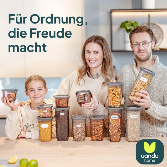 uandu Vorratsdosen mit Deckel luftdicht – 12er Vorratsbehälter Set BPA Frei, Aufbewahrungsdosen Küche für Müsli, Mehl & Zucker, Mit Etiketten
