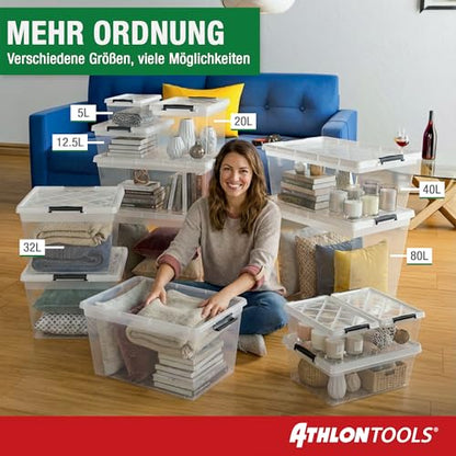 ATHLON TOOLS 4x 12.5 L Aufbewahrungsboxen mit Deckel, lebensmittelecht - Verschlussclips - 100% Neumaterial Plastik-Box transparent - Kleiderboxen stapelbar…