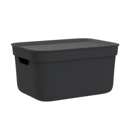 Jive 3er Set Aufbewahrungsbox mit Deckel klein 5 l, Kunststoff (PP recycelt), mit Flechtmuster, dunkelgrau, 3x5l (26,5 x 18,5 x 13,5 cm)