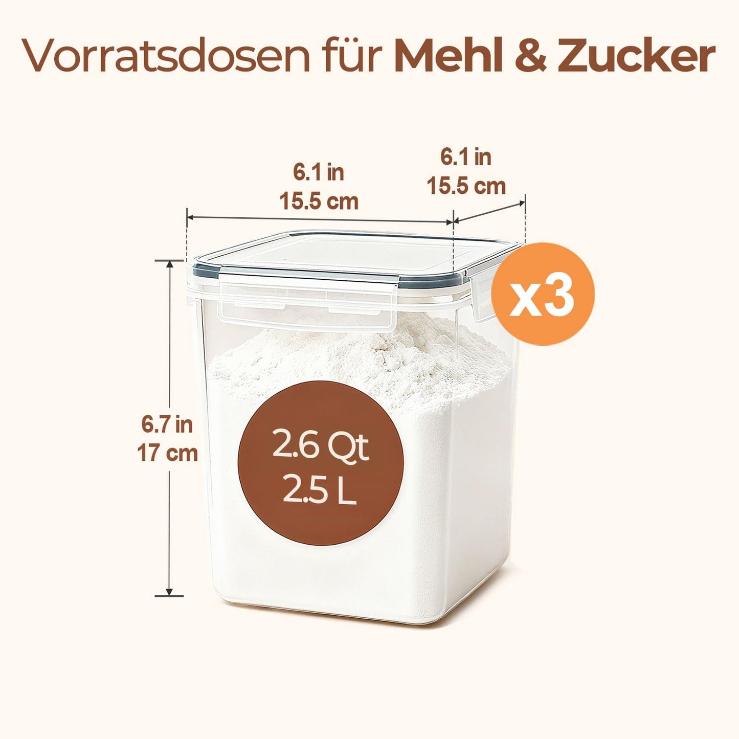 ComSaf Mehl Aufbewahrung 2.5L 3Pcs, Vorratsdosen mit Deckel luftdicht, Vorratsbehälter, luftdichte Aufbewahrungsbox, Aufbewahrungsdosen Küche, Lebensmittelaufbewahrung für Mehl, Reis, Müsl, Mandelmehl