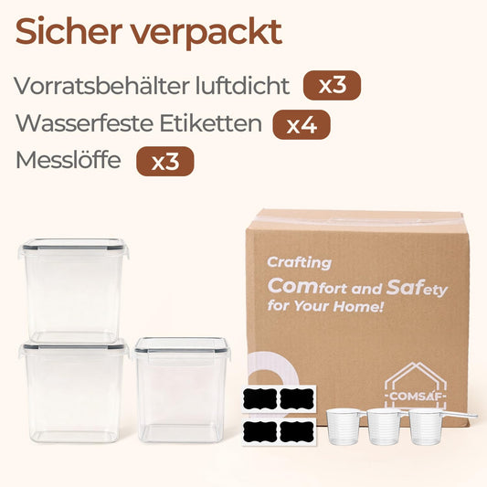 ComSaf Mehl Aufbewahrung 2.5L 3Pcs, Vorratsdosen mit Deckel luftdicht, Vorratsbehälter, luftdichte Aufbewahrungsbox, Aufbewahrungsdosen Küche, Lebensmittelaufbewahrung für Mehl, Reis, Müsl, Mandelmehl