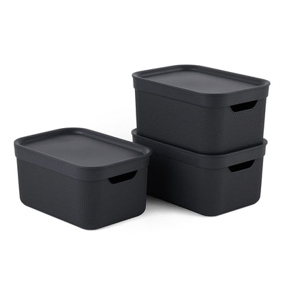 Jive 3er Set Aufbewahrungsbox mit Deckel klein 5 l, Kunststoff (PP recycelt), mit Flechtmuster, dunkelgrau, 3x5l (26,5 x 18,5 x 13,5 cm)