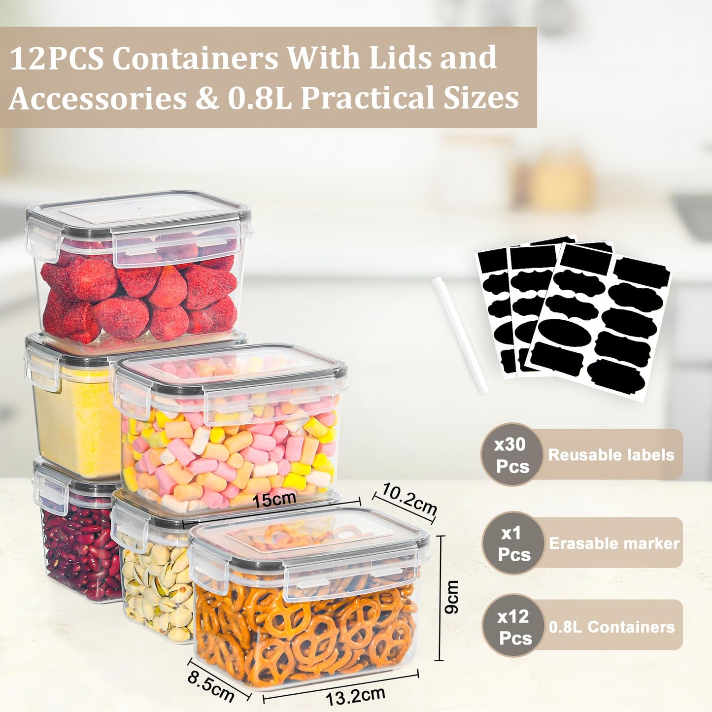 GoMaihe Vorratsdosen mit deckel luftdicht 12er-Set: Aufbewahrungsbox Küche Klein 800ml mit Etiketten | Lebensmittelbehälter für Müsli Zucker und Gewürze | BPA-FREI | Spülmaschinenfest