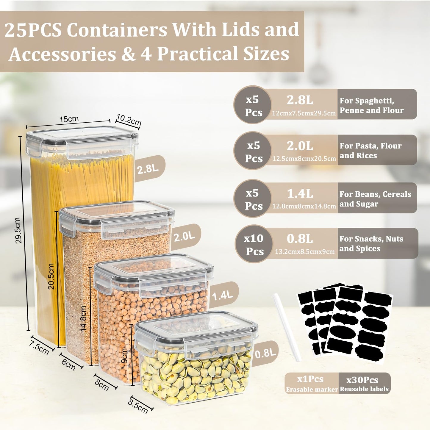 GoMaihe Vorratsdosen 25 Set Aufbewahrungsbox Küche Organizer, Luftdicht Vorratsbehälter Plastik mit Deckel, Vorratsdose für Müsli Mehl Kaffeebohnen Cornflakes Spaghetti Aufbewahrung