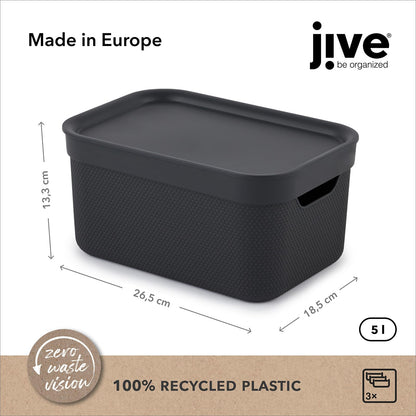 Jive 3er Set Aufbewahrungsbox mit Deckel klein 5 l, Kunststoff (PP recycelt), mit Flechtmuster, dunkelgrau, 3x5l (26,5 x 18,5 x 13,5 cm)