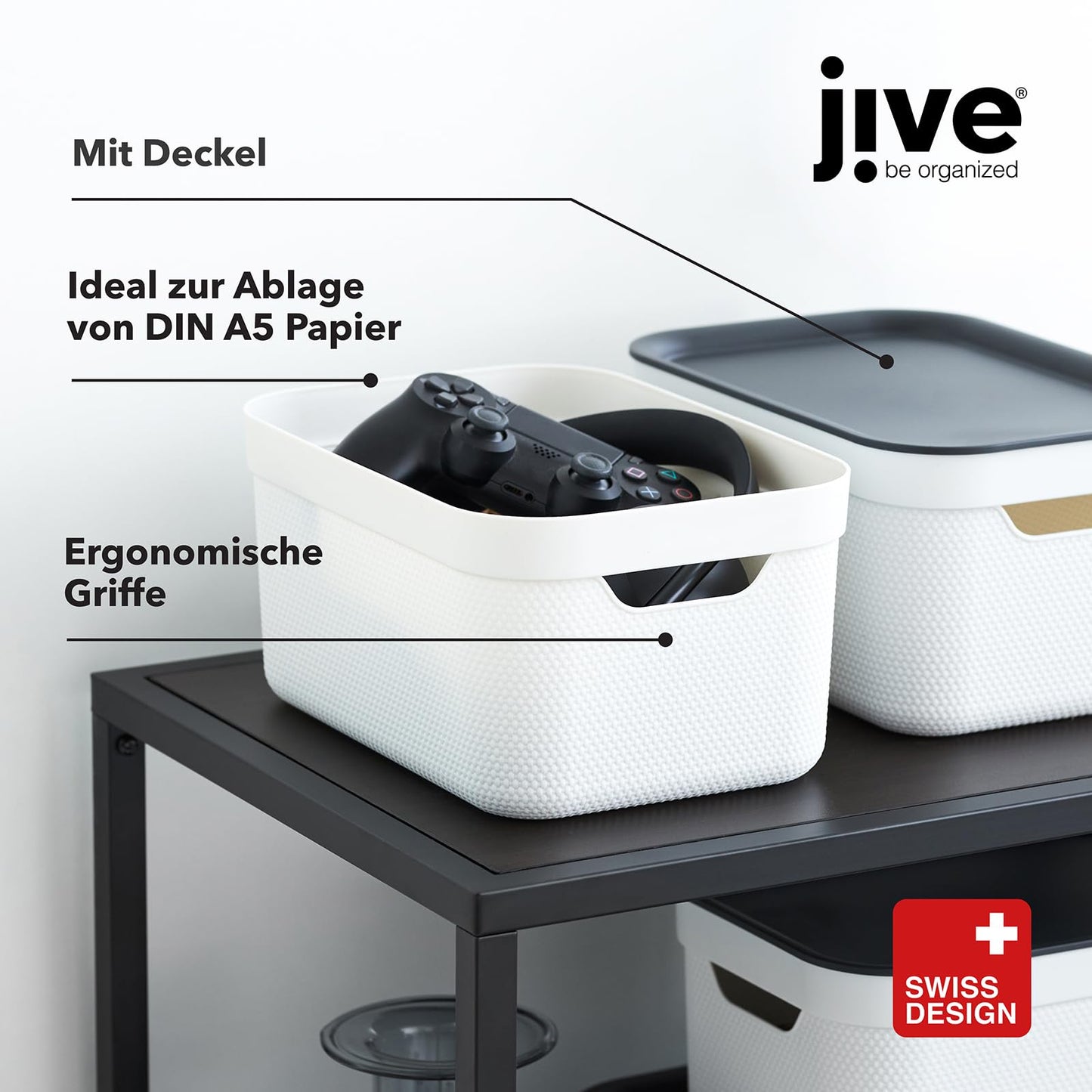 Jive 3er Set Aufbewahrungsbox mit Deckel klein 5 l, Kunststoff (PP recycelt), mit Flechtmuster, dunkelgrau, 3x5l (26,5 x 18,5 x 13,5 cm)