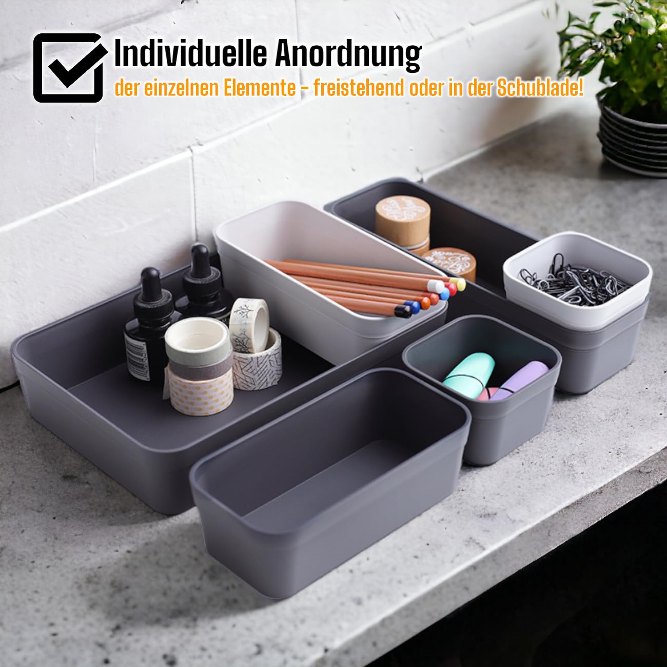 Gariella 1x Schubladen-Organizer Set Aufbewahrungs-Box Einteiler Trenn-System verstellbar Utensilien Stauraum Wohn-Badezimmer Kunststoff anthrazit