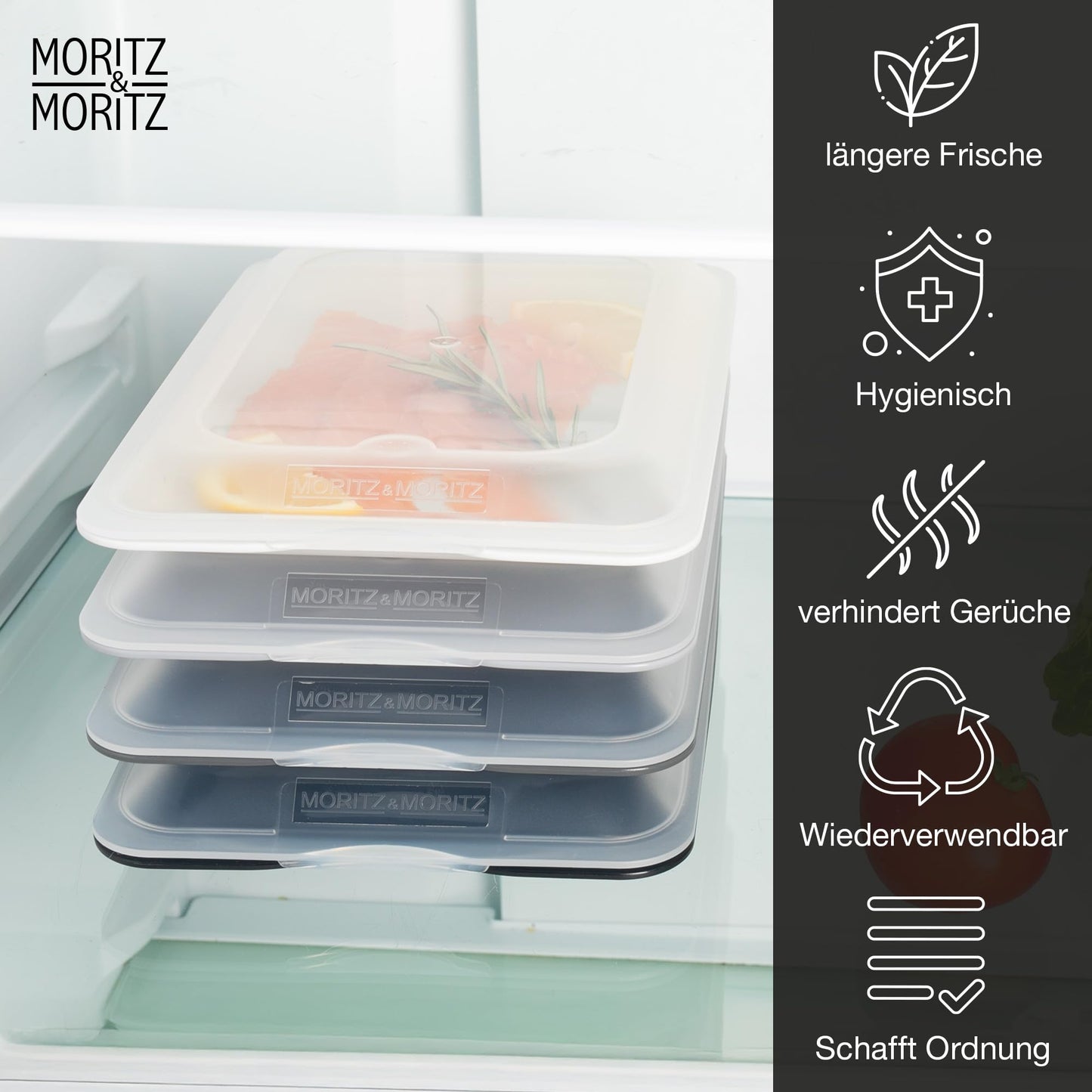 Moritz & Moritz 4er Set Aufschnittbox stapelbar – Frischhaltedosen mit Deckel zur Aufbewahrung von Wurst, Käse, uvm. – inkl. Tafelsticker zum Beschriften