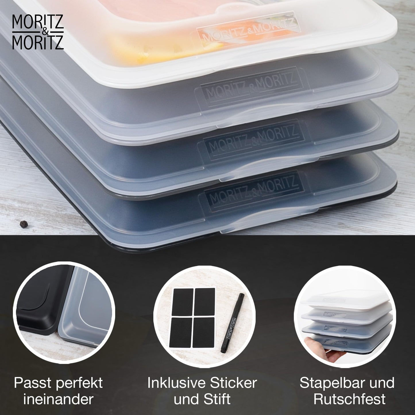 Moritz & Moritz 4er Set Aufschnittbox stapelbar – Frischhaltedosen mit Deckel zur Aufbewahrung von Wurst, Käse, uvm. – inkl. Tafelsticker zum Beschriften