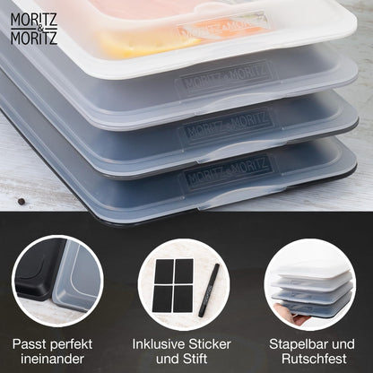 Moritz & Moritz 4er Set Aufschnittbox stapelbar – Frischhaltedosen mit Deckel zur Aufbewahrung von Wurst, Käse, uvm. – inkl. Tafelsticker zum Beschriften