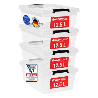 ATHLON TOOLS 4x 12.5 L Aufbewahrungsboxen mit Deckel, lebensmittelecht - Verschlussclips - 100% Neumaterial Plastik-Box transparent - Kleiderboxen stapelbar…