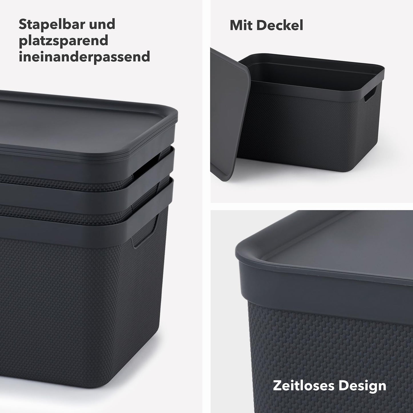 Jive 3er Set Aufbewahrungsbox mit Deckel klein 5 l, Kunststoff (PP recycelt), mit Flechtmuster, dunkelgrau, 3x5l (26,5 x 18,5 x 13,5 cm)