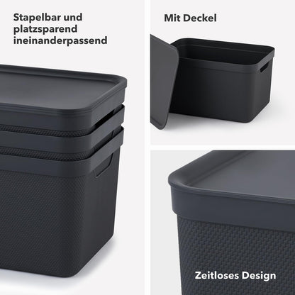 Jive 3er Set Aufbewahrungsbox mit Deckel klein 5 l, Kunststoff (PP recycelt), mit Flechtmuster, dunkelgrau, 3x5l (26,5 x 18,5 x 13,5 cm)