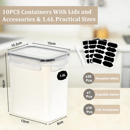 GoMaihe 1.6L Vorratsdosen 10 Set, Aufbewahrungsbox Küche Luftdicht Behälter aus Plastik Mit Deckel, Vorratsbehälter zur Aufbewahrung von Nudeln, Müsli, Reis, Mehl, und für futter Haustiere, MEHRWEG