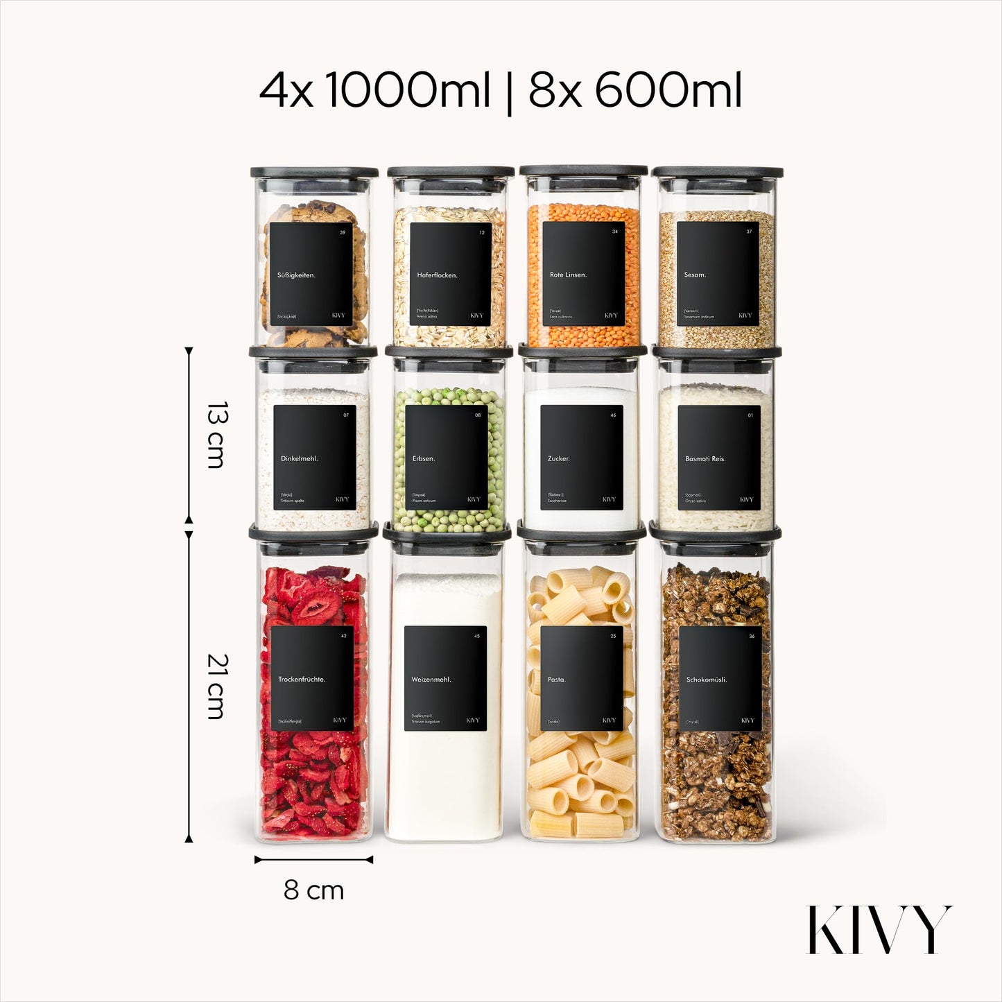 KIVY Vorratsgläser eckig [12er Set] + Etiketten - Stapelbare & Luftdichte Aufbewahrungsgläser mit Deckel - Schwarze Vorratsgläser mit Deckel Luftdicht - Vorratsdosen Glas Aufbewahrung