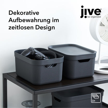 Jive 3er Set Aufbewahrungsbox mit Deckel klein 5 l, Kunststoff (PP recycelt), mit Flechtmuster, dunkelgrau, 3x5l (26,5 x 18,5 x 13,5 cm)