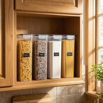 Vtopmart 2.8L Vorratsdosen Set, Müsli Schüttdose & Frischhaltedosen, BPA frei Kunststoff luftdicht,Trockenfutterbehälter, Satz mit 4, 24 Etiketten für Getreide, Mehl, Zucker usw (Schwarz)