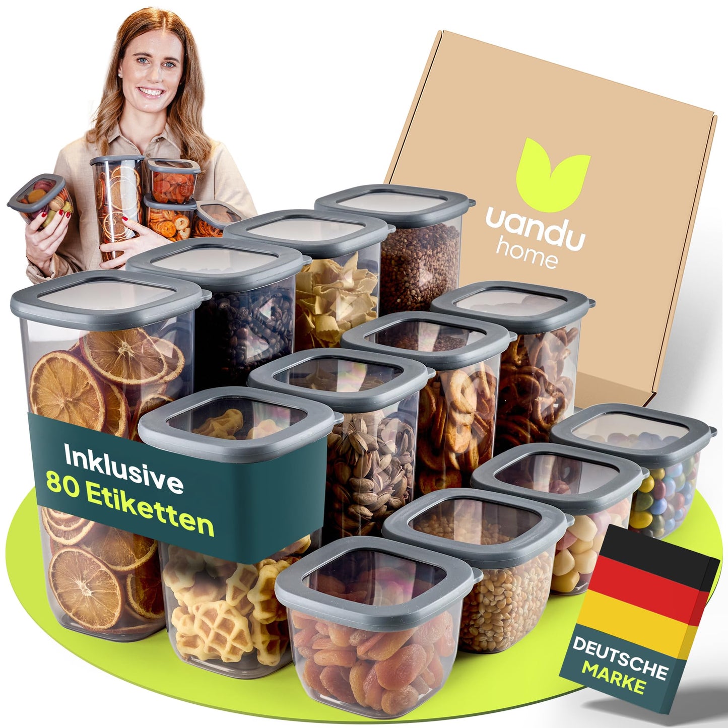 uandu Vorratsdosen mit Deckel luftdicht – 12er Vorratsbehälter Set BPA Frei, Aufbewahrungsdosen Küche für Müsli, Mehl & Zucker, Mit Etiketten