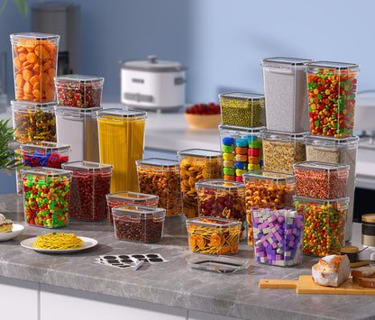 KEMETHY Vorratsdosen mit Deckel Luftdicht, Set mit 24 Luftdichte Vorratsbehälter, Aufbewahrungsboxen mit Deckel Küche für Mehl, Zucker, Körner, Mit Schreibstift und Etikett