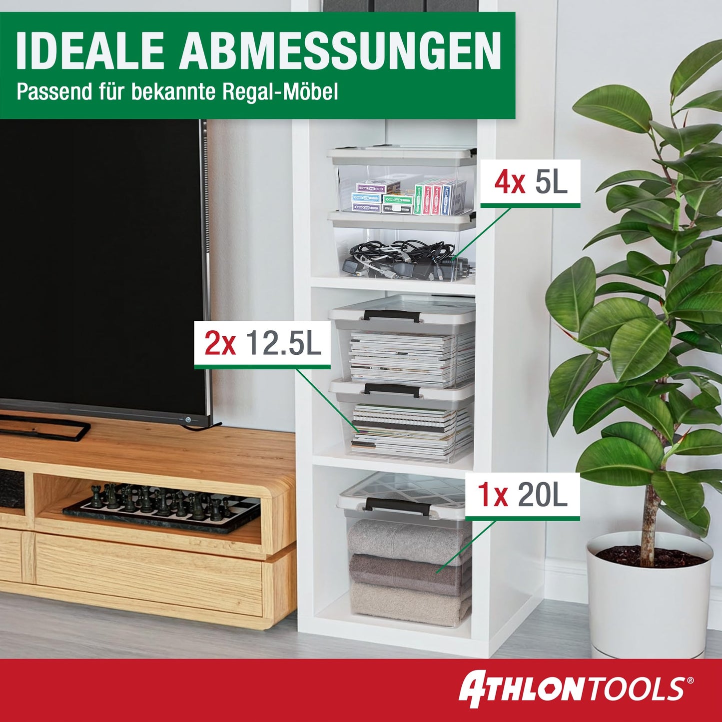 ATHLON TOOLS 4x 12.5 L Aufbewahrungsboxen mit Deckel, lebensmittelecht - Verschlussclips - 100% Neumaterial Plastik-Box transparent - Kleiderboxen stapelbar…