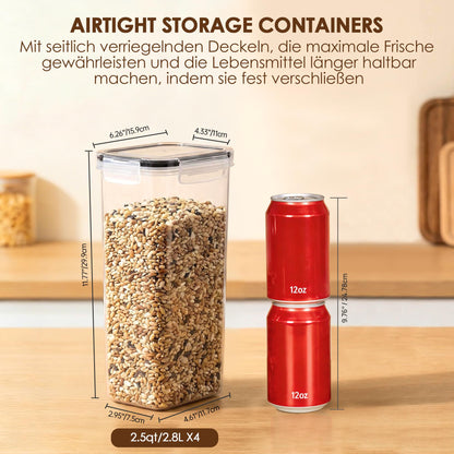Vtopmart 2.8L Vorratsdosen Set, Müsli Schüttdose & Frischhaltedosen, BPA frei Kunststoff luftdicht,Trockenfutterbehälter, Satz mit 4, 24 Etiketten für Getreide, Mehl, Zucker usw (Schwarz)