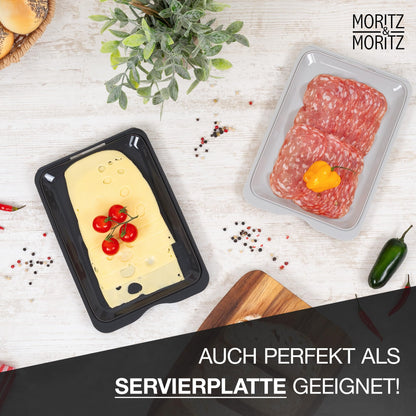 Moritz & Moritz 4er Set Aufschnittbox stapelbar – Frischhaltedosen mit Deckel zur Aufbewahrung von Wurst, Käse, uvm. – inkl. Tafelsticker zum Beschriften