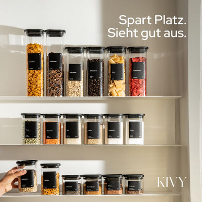 KIVY Vorratsgläser eckig [12er Set] + Etiketten - Stapelbare & Luftdichte Aufbewahrungsgläser mit Deckel - Schwarze Vorratsgläser mit Deckel Luftdicht - Vorratsdosen Glas Aufbewahrung