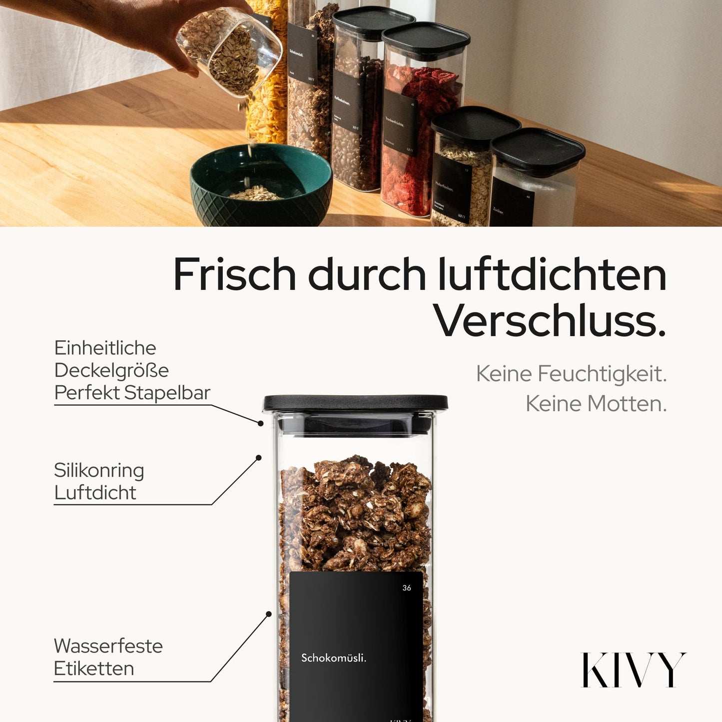 KIVY Vorratsgläser eckig [12er Set] + Etiketten - Stapelbare & Luftdichte Aufbewahrungsgläser mit Deckel - Schwarze Vorratsgläser mit Deckel Luftdicht - Vorratsdosen Glas Aufbewahrung