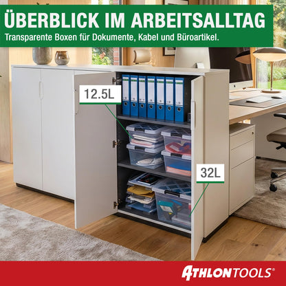 ATHLON TOOLS 4x 12.5 L Aufbewahrungsboxen mit Deckel, lebensmittelecht - Verschlussclips - 100% Neumaterial Plastik-Box transparent - Kleiderboxen stapelbar…