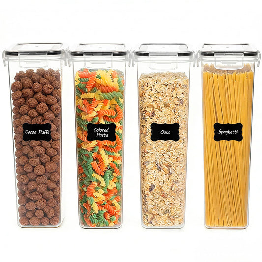 Vtopmart 2.8L Vorratsdosen Set, Müsli Schüttdose & Frischhaltedosen, BPA frei Kunststoff luftdicht,Trockenfutterbehälter, Satz mit 4, 24 Etiketten für Getreide, Mehl, Zucker usw (Schwarz)