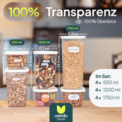 uandu Vorratsdosen mit Deckel luftdicht – 12er Vorratsbehälter Set BPA Frei, Aufbewahrungsdosen Küche für Müsli, Mehl & Zucker, Mit Etiketten