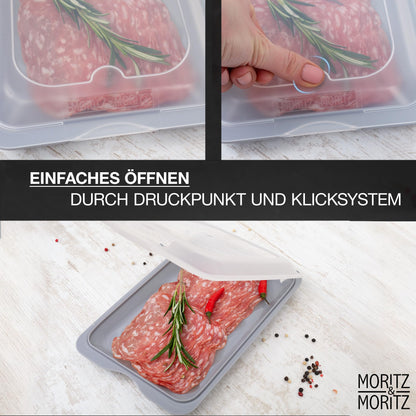 Moritz & Moritz 4er Set Aufschnittbox stapelbar – Frischhaltedosen mit Deckel zur Aufbewahrung von Wurst, Käse, uvm. – inkl. Tafelsticker zum Beschriften