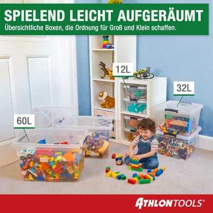 ATHLON TOOLS 4x 12.5 L Aufbewahrungsboxen mit Deckel, lebensmittelecht - Verschlussclips - 100% Neumaterial Plastik-Box transparent - Kleiderboxen stapelbar…
