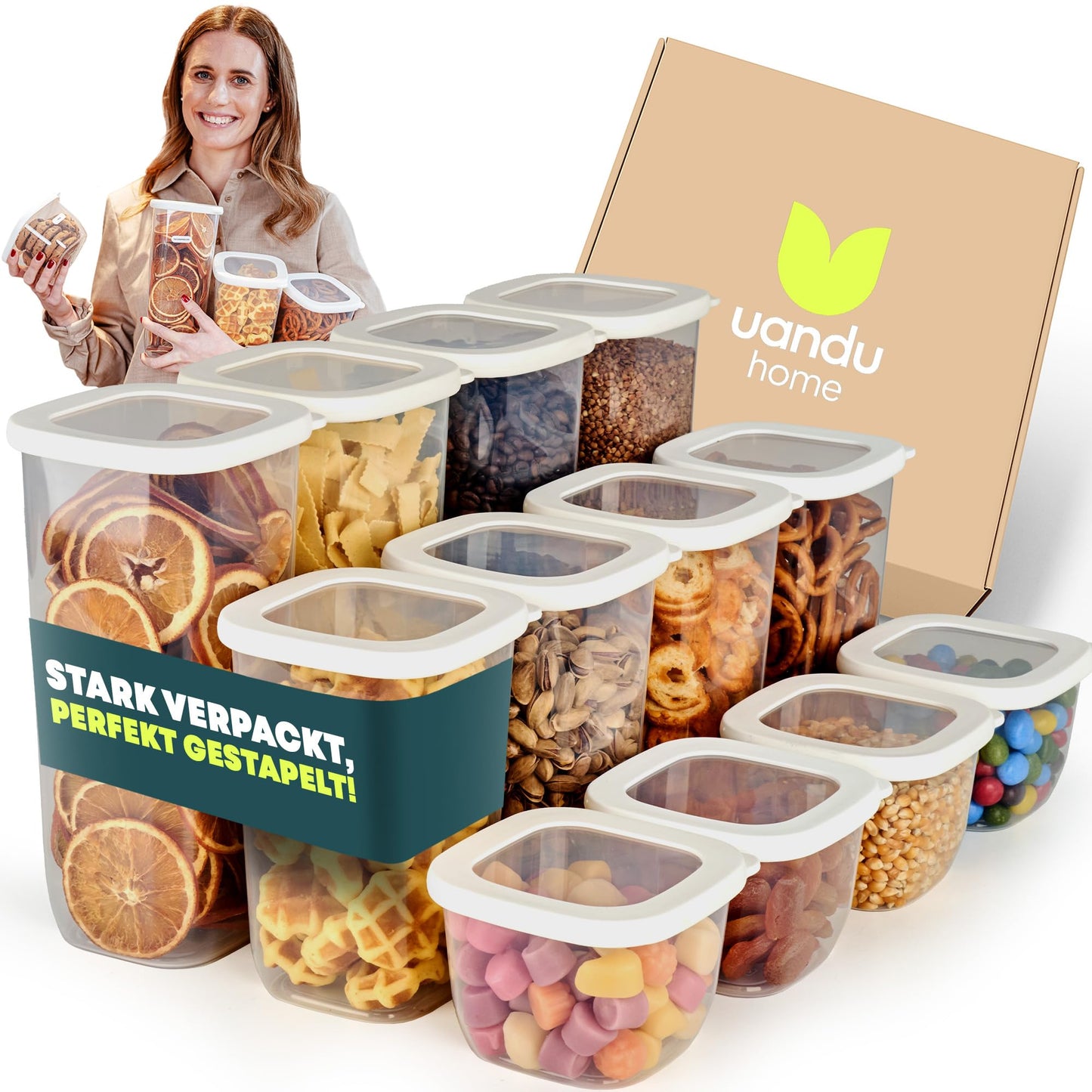 uandu Vorratsdosen mit Deckel luftdicht – 12er Vorratsbehälter Set BPA Frei, Aufbewahrungsdosen Küche für Müsli, Mehl & Zucker, Mit Etiketten