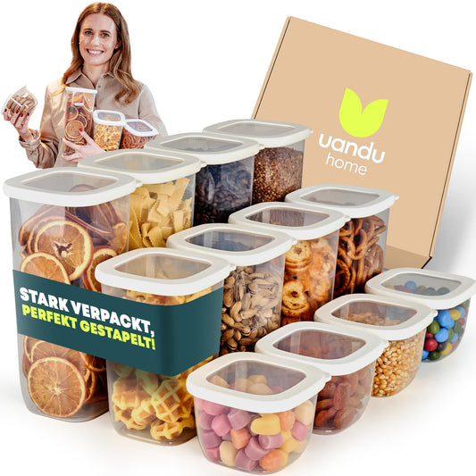uandu Vorratsdosen mit Deckel luftdicht – 12er Vorratsbehälter Set BPA Frei, Aufbewahrungsdosen Küche für Müsli, Mehl & Zucker, Mit Etiketten