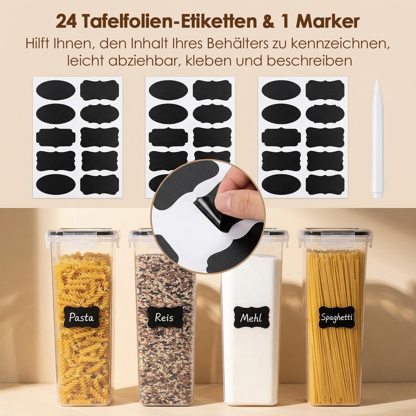 Vtopmart 2.8L Vorratsdosen Set, Müsli Schüttdose & Frischhaltedosen, BPA frei Kunststoff luftdicht,Trockenfutterbehälter, Satz mit 4, 24 Etiketten für Getreide, Mehl, Zucker usw (Schwarz)