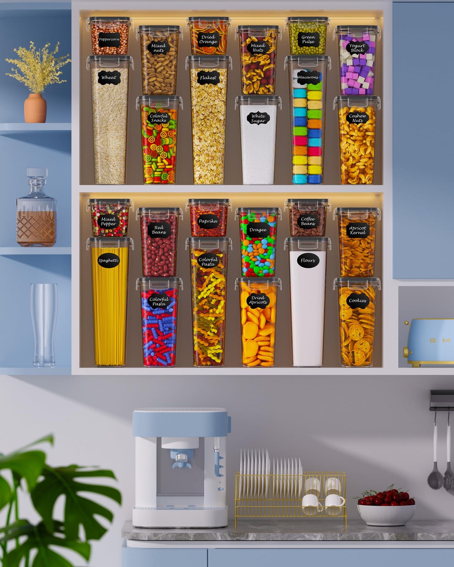 KEMETHY Vorratsdosen mit Deckel Luftdicht, Set mit 24 Luftdichte Vorratsbehälter, Aufbewahrungsboxen mit Deckel Küche für Mehl, Zucker, Körner, Mit Schreibstift und Etikett