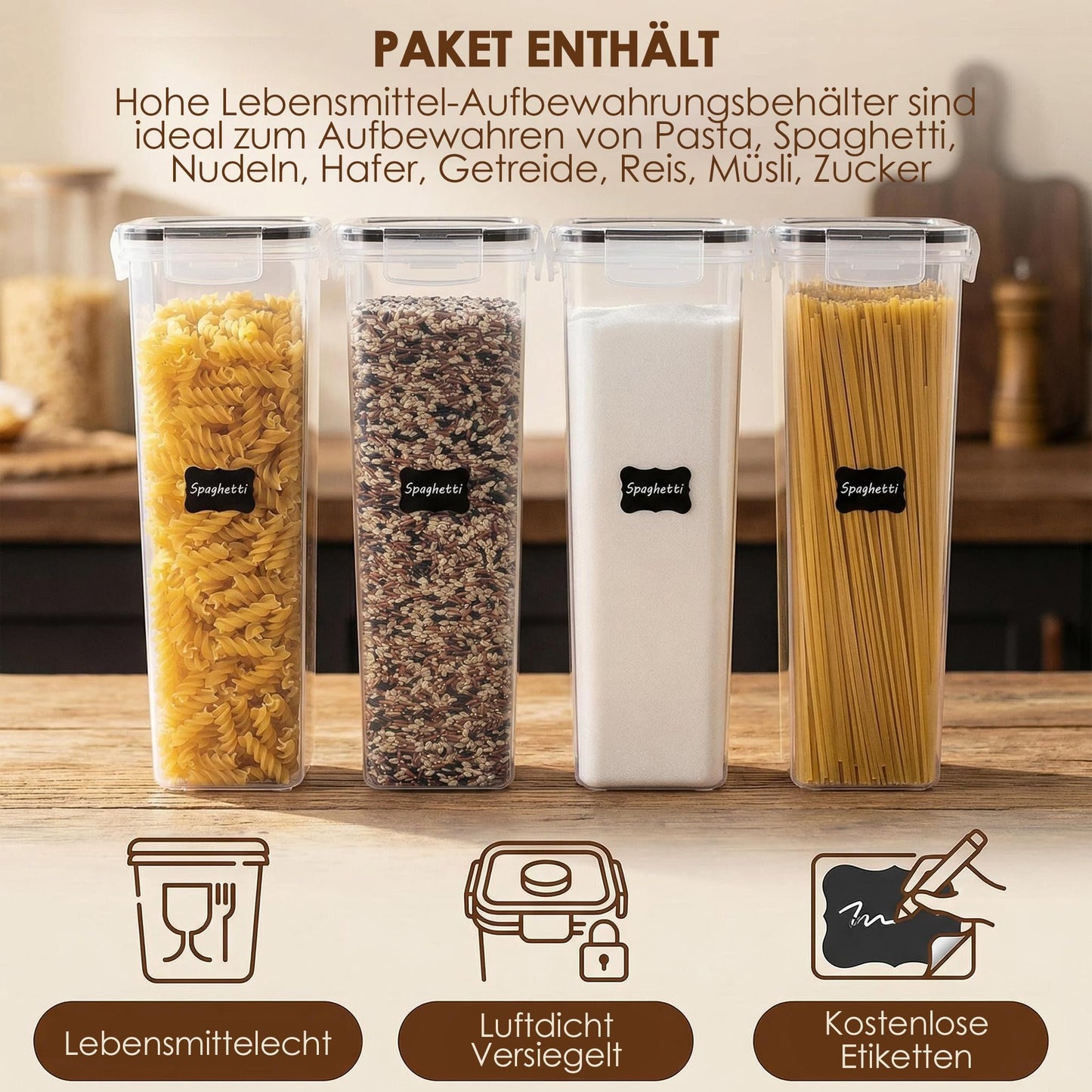 Vtopmart 2.8L Vorratsdosen Set, Müsli Schüttdose & Frischhaltedosen, BPA frei Kunststoff luftdicht,Trockenfutterbehälter, Satz mit 4, 24 Etiketten für Getreide, Mehl, Zucker usw (Schwarz)