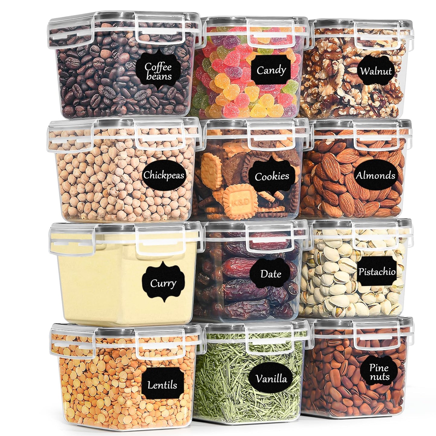 GoMaihe Vorratsdosen mit deckel luftdicht 12er-Set: Aufbewahrungsbox Küche Klein 800ml mit Etiketten | Lebensmittelbehälter für Müsli Zucker und Gewürze | BPA-FREI | Spülmaschinenfest