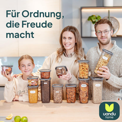 uandu Vorratsdosen mit Deckel luftdicht – 12er Vorratsbehälter Set BPA Frei, Aufbewahrungsdosen Küche für Müsli, Mehl & Zucker, Mit Etiketten