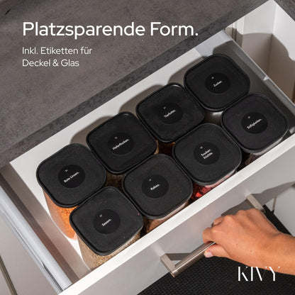 KIVY Vorratsgläser eckig [12er Set] + Etiketten - Stapelbare & Luftdichte Aufbewahrungsgläser mit Deckel - Schwarze Vorratsgläser mit Deckel Luftdicht - Vorratsdosen Glas Aufbewahrung