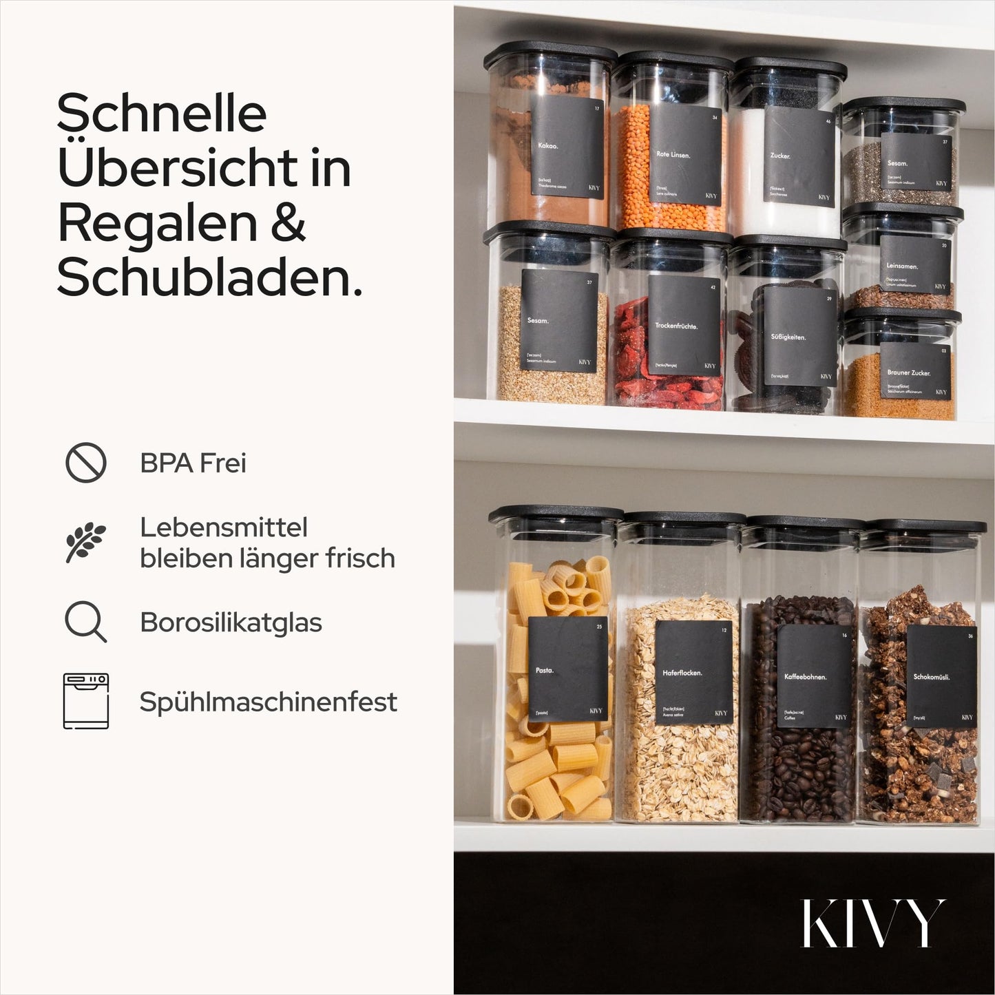 KIVY Vorratsgläser eckig [12er Set] + Etiketten - Stapelbare & Luftdichte Aufbewahrungsgläser mit Deckel - Schwarze Vorratsgläser mit Deckel Luftdicht - Vorratsdosen Glas Aufbewahrung