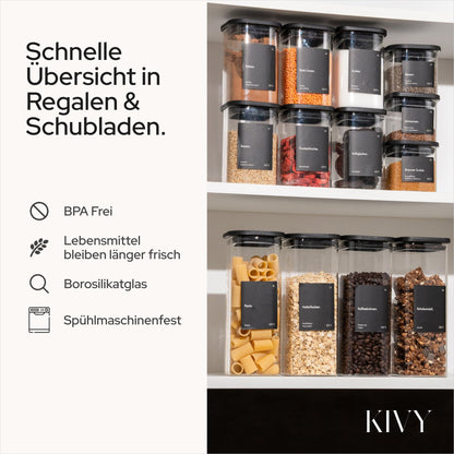 KIVY Vorratsgläser eckig [12er Set] + Etiketten - Stapelbare & Luftdichte Aufbewahrungsgläser mit Deckel - Schwarze Vorratsgläser mit Deckel Luftdicht - Vorratsdosen Glas Aufbewahrung