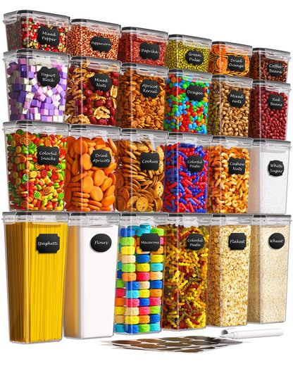 KEMETHY Vorratsdosen mit Deckel Luftdicht, Set mit 24 Luftdichte Vorratsbehälter, Aufbewahrungsboxen mit Deckel Küche für Mehl, Zucker, Körner, Mit Schreibstift und Etikett