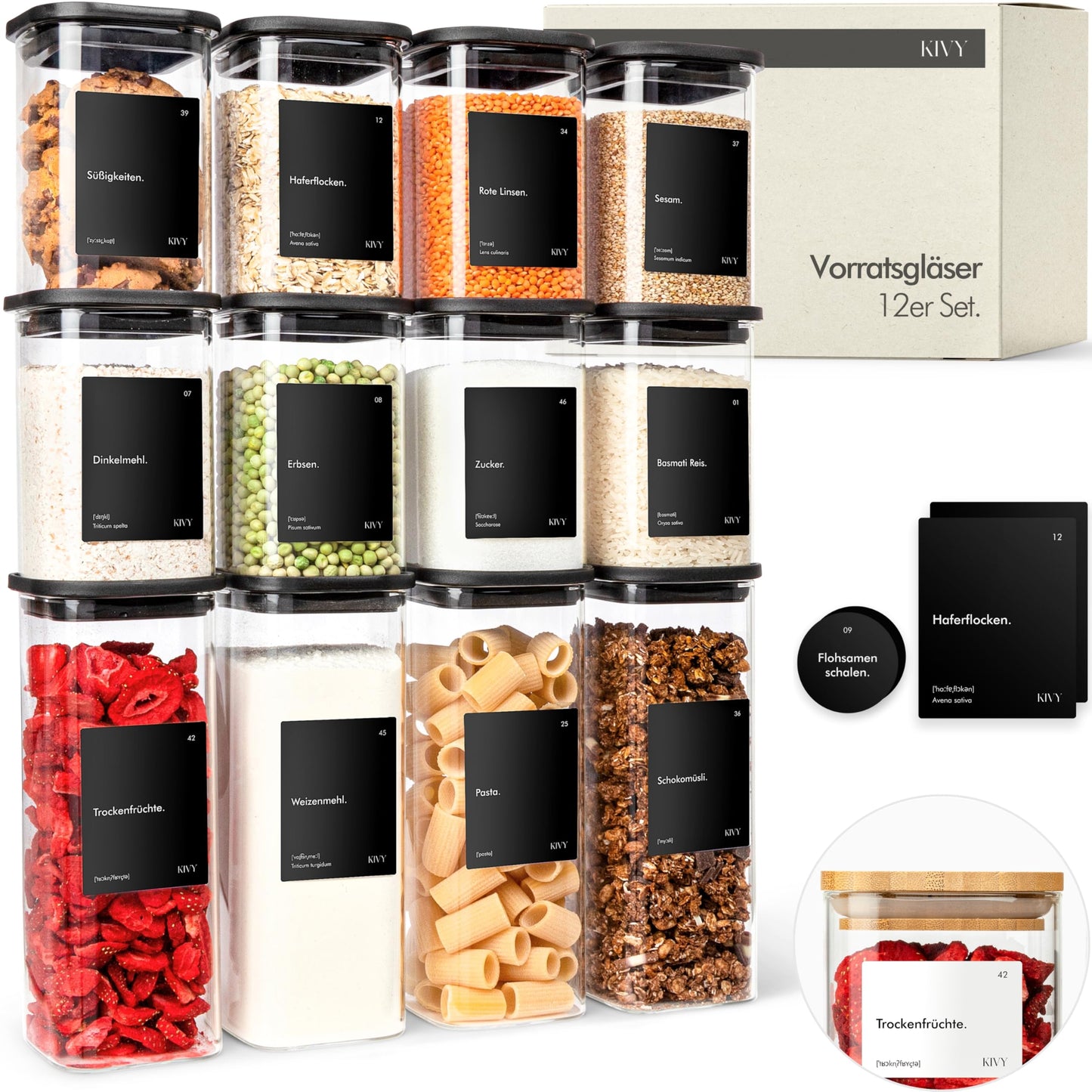 KIVY Vorratsgläser eckig [12er Set] + Etiketten - Stapelbare & Luftdichte Aufbewahrungsgläser mit Deckel - Schwarze Vorratsgläser mit Deckel Luftdicht - Vorratsdosen Glas Aufbewahrung
