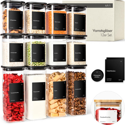 KIVY Vorratsgläser eckig [12er Set] + Etiketten - Stapelbare & Luftdichte Aufbewahrungsgläser mit Deckel - Schwarze Vorratsgläser mit Deckel Luftdicht - Vorratsdosen Glas Aufbewahrung