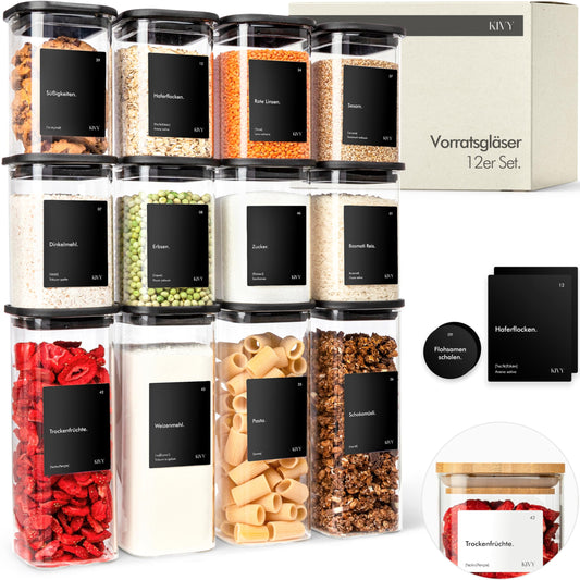 KIVY Vorratsgläser eckig [12er Set] + Etiketten - Stapelbare & Luftdichte Aufbewahrungsgläser mit Deckel - Schwarze Vorratsgläser mit Deckel Luftdicht - Vorratsdosen Glas Aufbewahrung